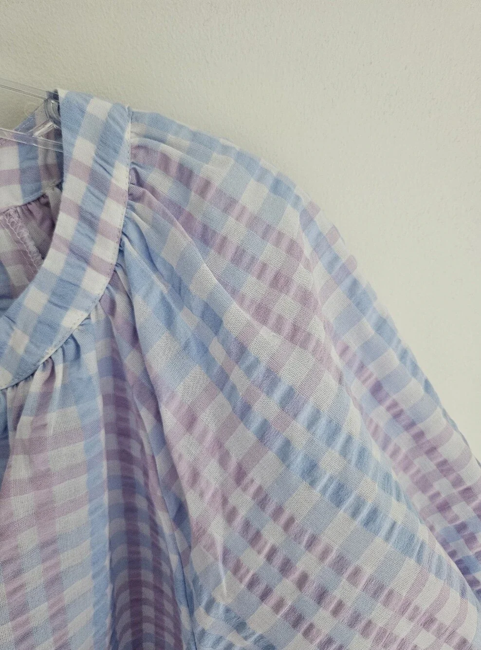 Loft Pastel Check Balloon Sleeve Blouse Blue And Lavender